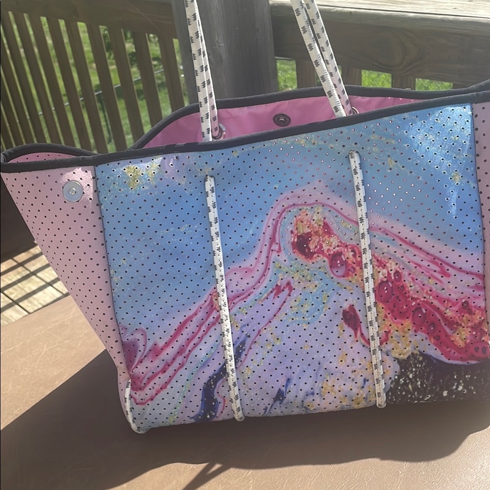 Neoprene, pink and blue title wave beach bag with attached wallet insert